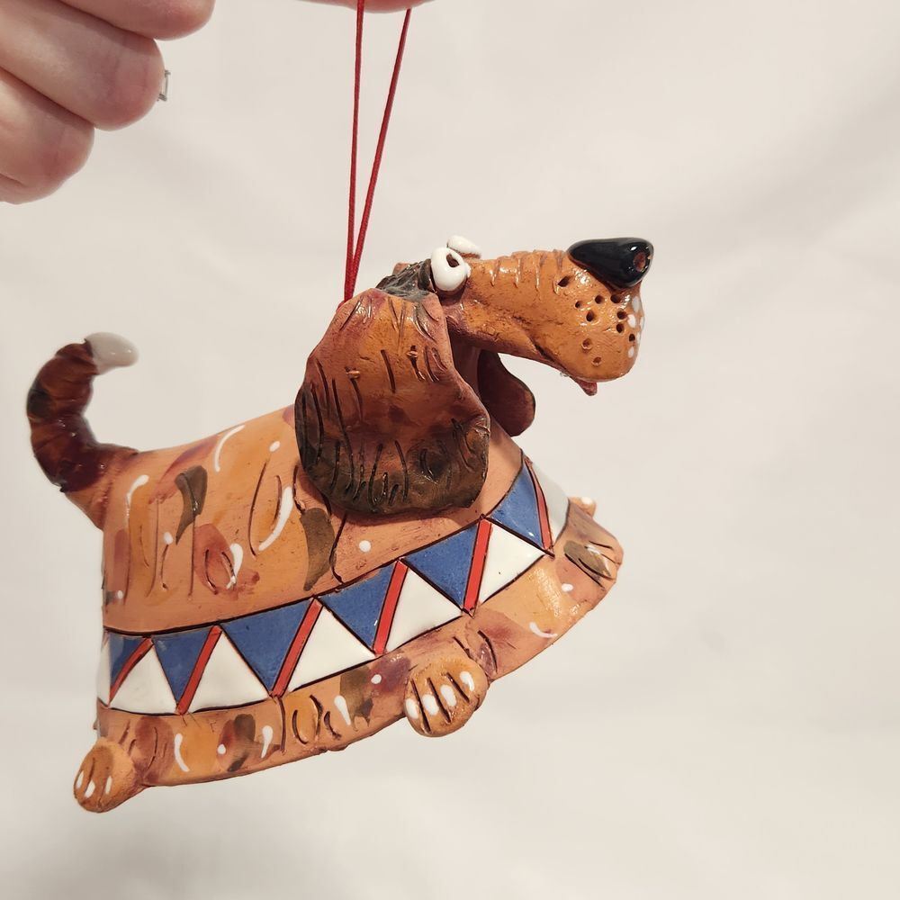 Handmade Studio Pottery Dachshund Dog Bell Ornament Whimsical Folk Art Brown